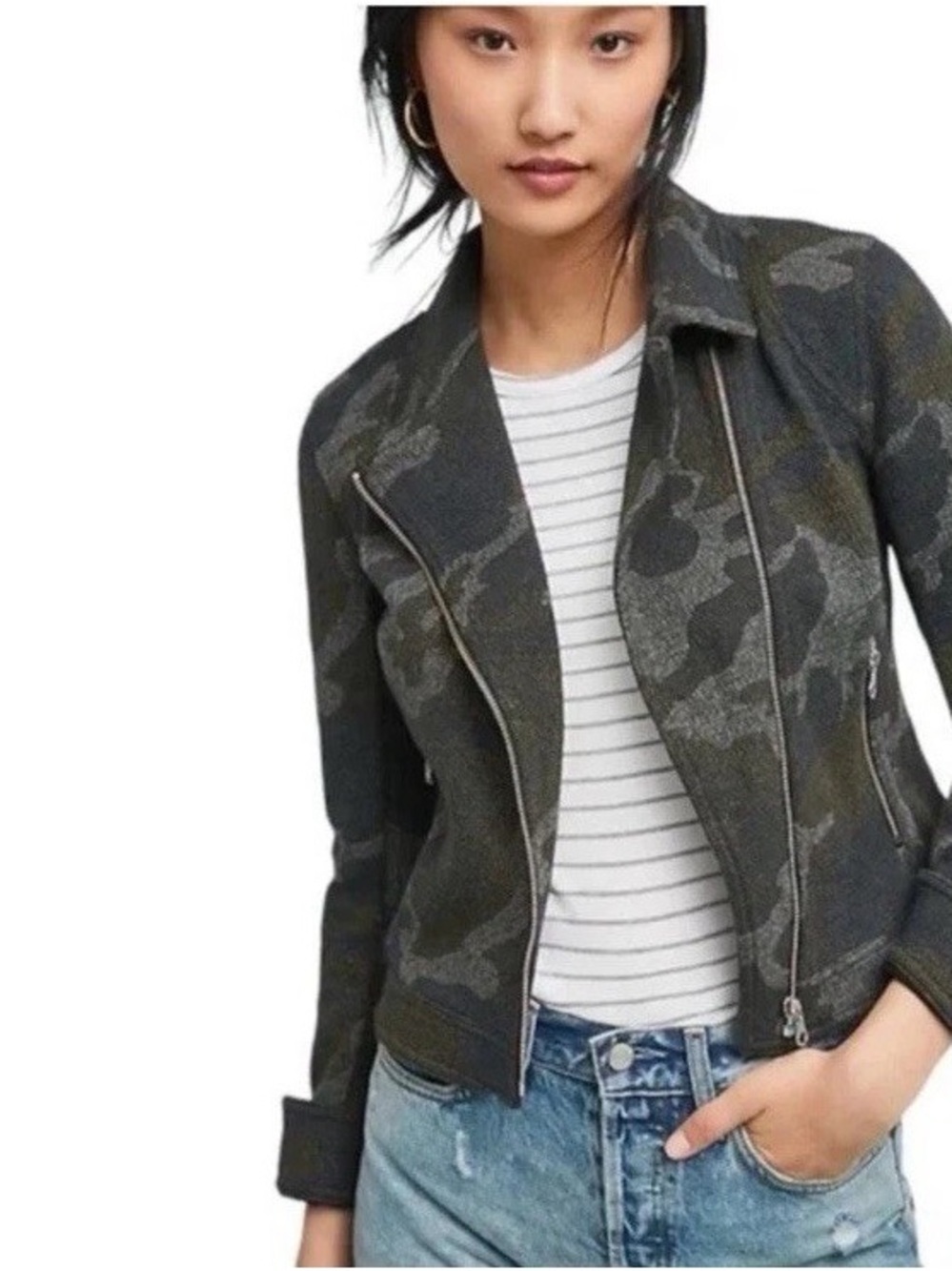 Anthropologie Camouflage Moto Jacket in Olive and Gray